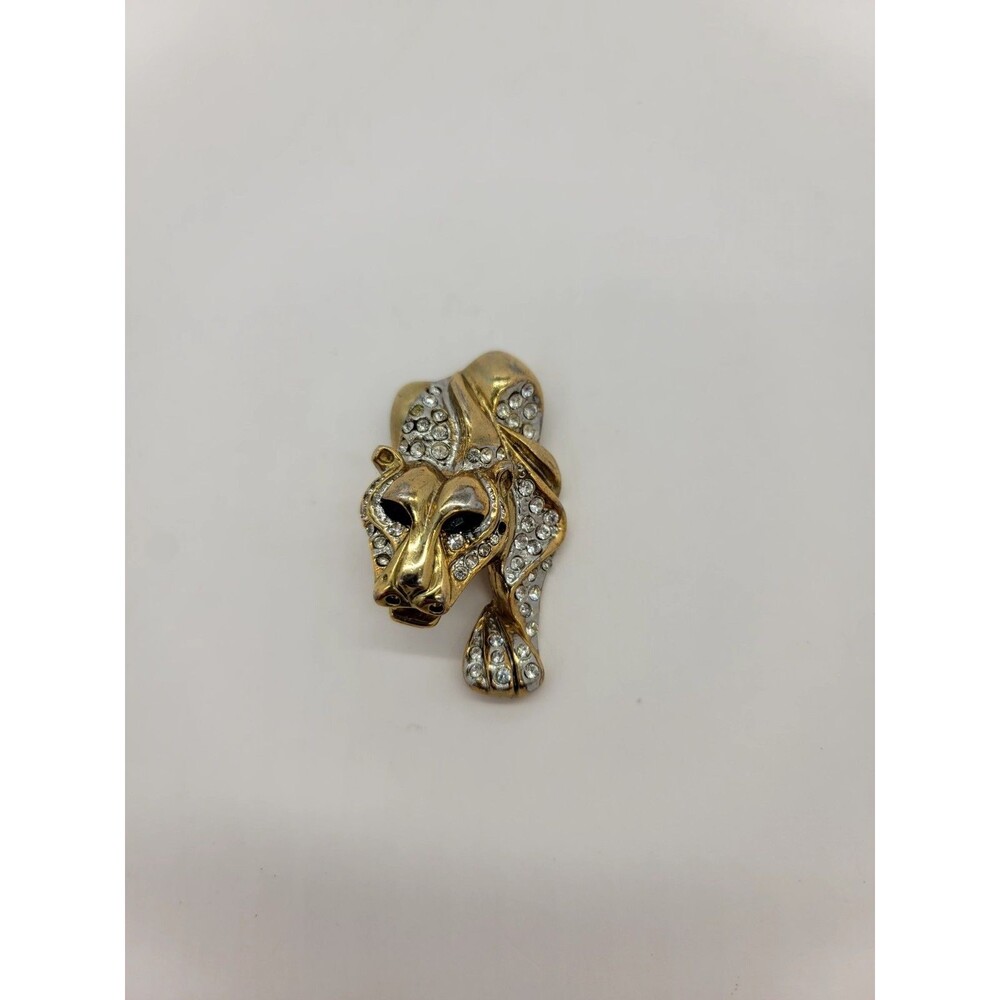 Vintage Brooch Pendant Jaguar Cat Black & Clear Crystals Gold Tone